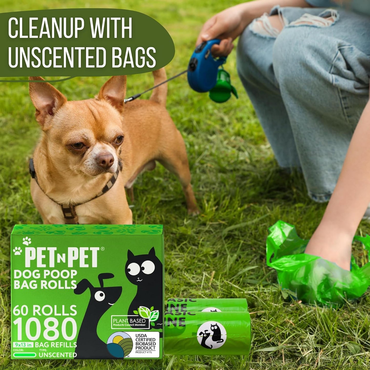 1080 Count Dog Poop Bags USDA 41 Percent Plant Based 60 Rolls of Strong & Thick Dog Waste Poo Bags 9X13 Green Unscented Poop Holder