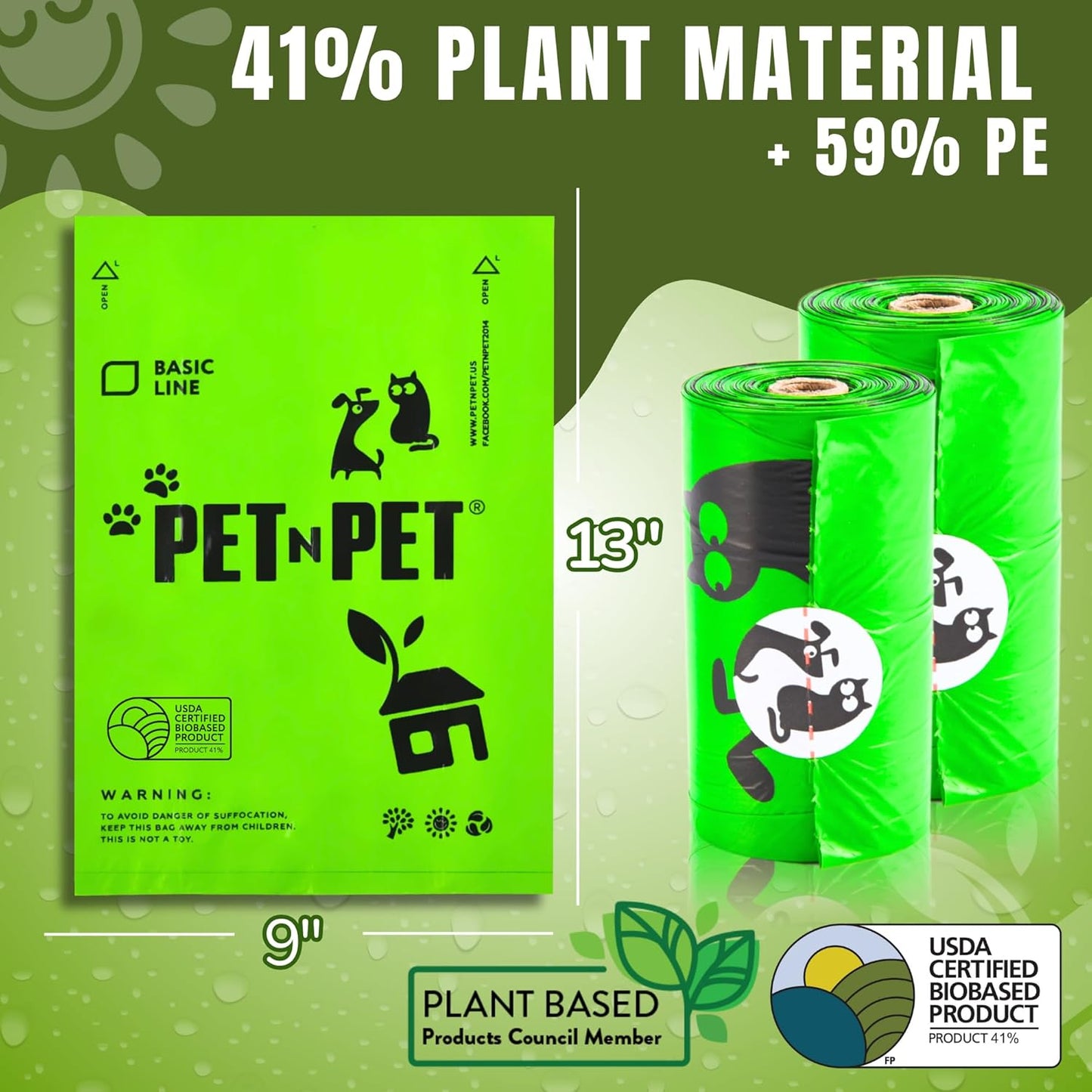 1080 Count Dog Poop Bags USDA 41 Percent Plant Based 60 Rolls of Strong & Thick Dog Waste Poo Bags 9X13 Green Unscented Poop Holder