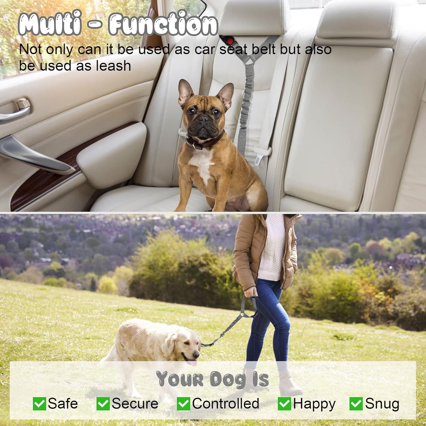 2 Packs Dog Cat Safety Seat Belt Strap Car Headrest Restraint Adjustable Nylon Fabric Reflective Elastic Bungee Connect Dog Restraints Vehicle Seatbelts Harness