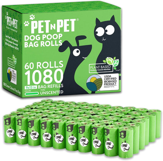 1080 Count Dog Poop Bags USDA 41 Percent Plant Based 60 Rolls of Strong & Thick Dog Waste Poo Bags 9X13 Green Unscented Poop Holder