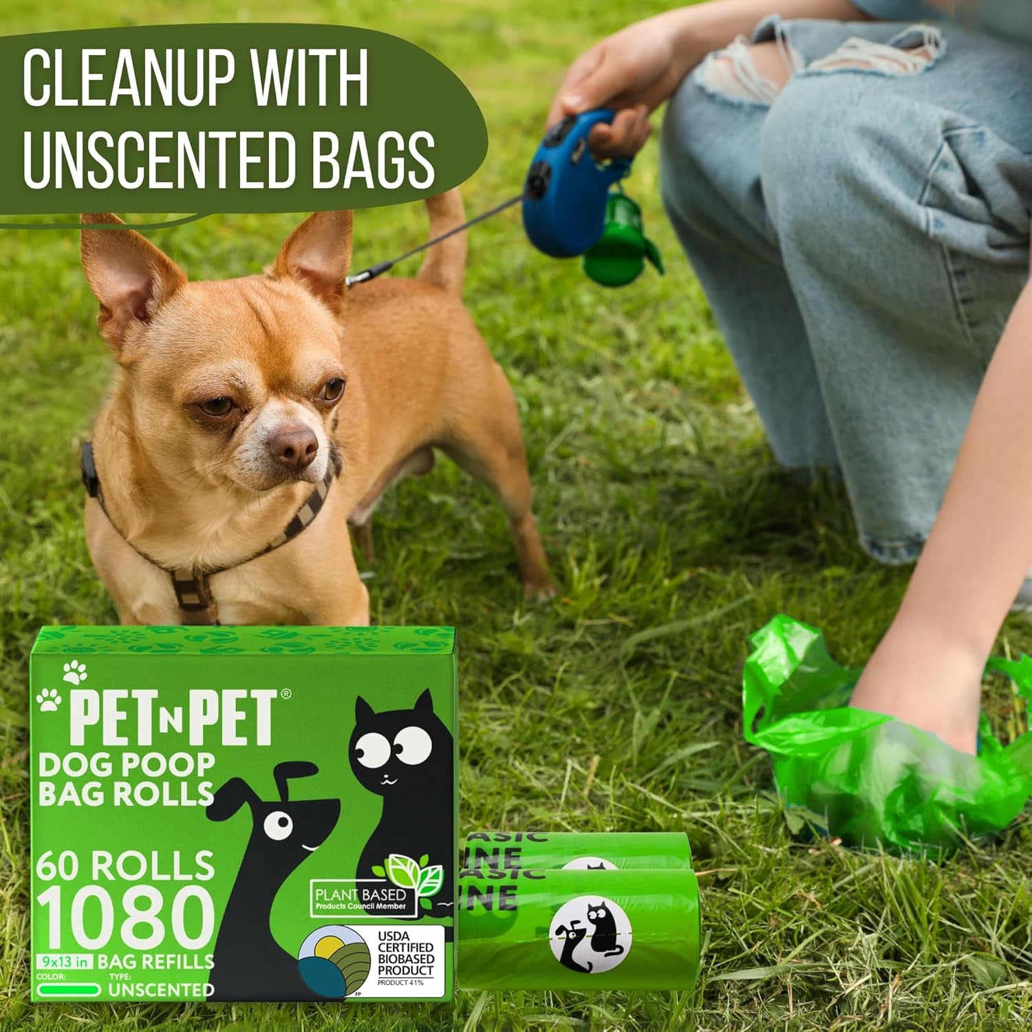 1080 Count Dog Poop Bags USDA 41 Percent Plant Based 60 Rolls of Strong & Thick Dog Waste Poo Bags 9X13 Green Unscented Poop Holder