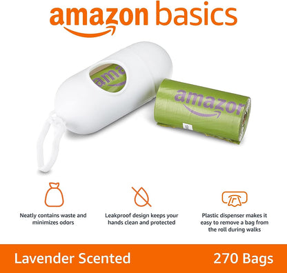 Dog Poop Bags with Dispenser and Leash Clip, 33.02 X 22.86 CM, Cucumber Scented - 270 Bags (18 Rolls)