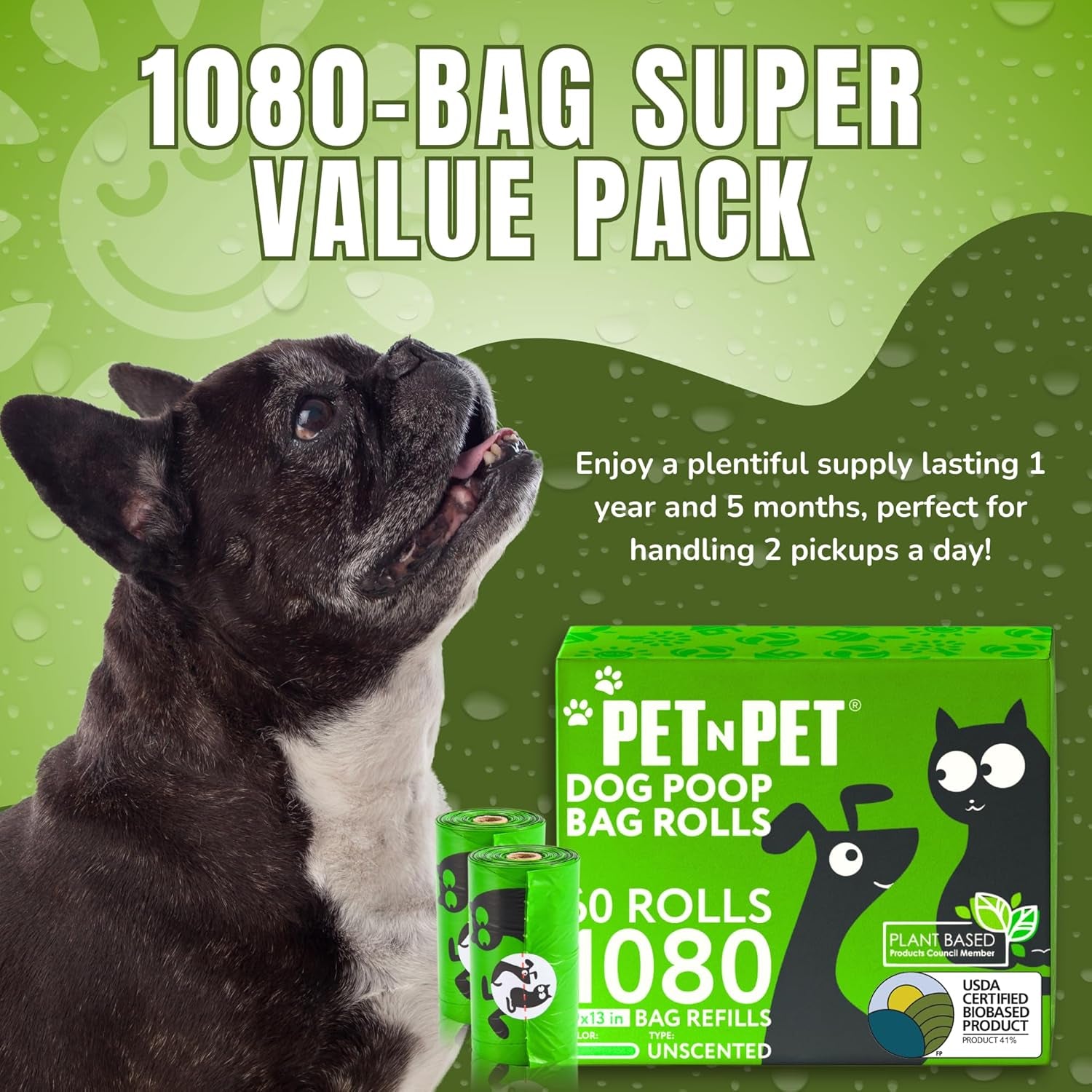 1080 Count Dog Poop Bags USDA 41 Percent Plant Based 60 Rolls of Strong & Thick Dog Waste Poo Bags 9X13 Green Unscented Poop Holder