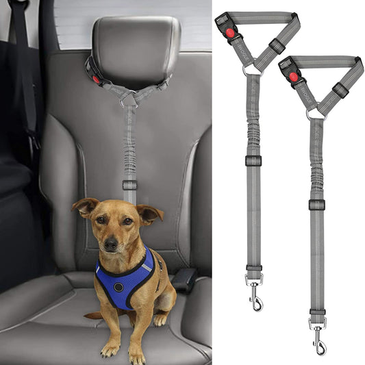 2 Packs Dog Cat Safety Seat Belt Strap Car Headrest Restraint Adjustable Nylon Fabric Reflective Elastic Bungee Connect Dog Restraints Vehicle Seatbelts Harness